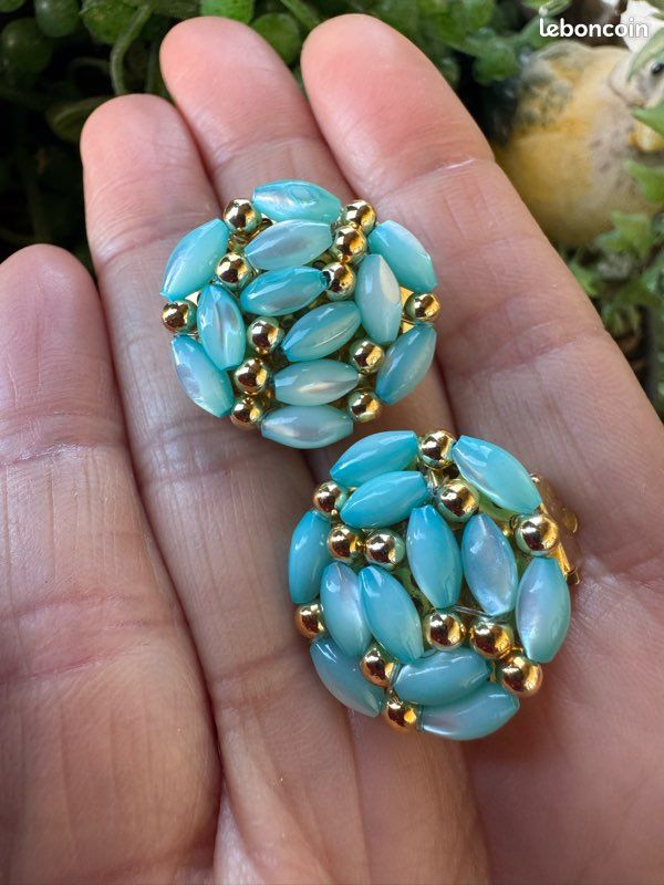 Boucles d'oreilles vintage turquoise & doré ✨ clips rétro chic – état impeccable - Montres & Bijoux
