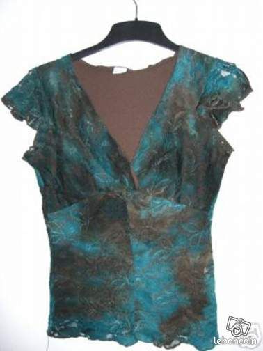 Top bleu et marron dentelle (image 1)