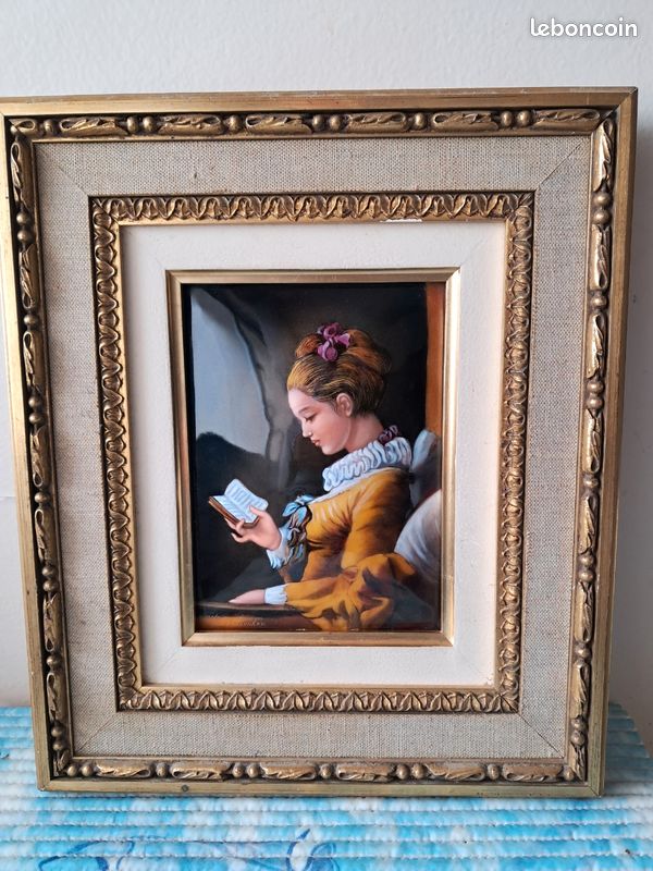 Tableau vintage liseuse en Émaux de Limoges M. Betourne (image 1)