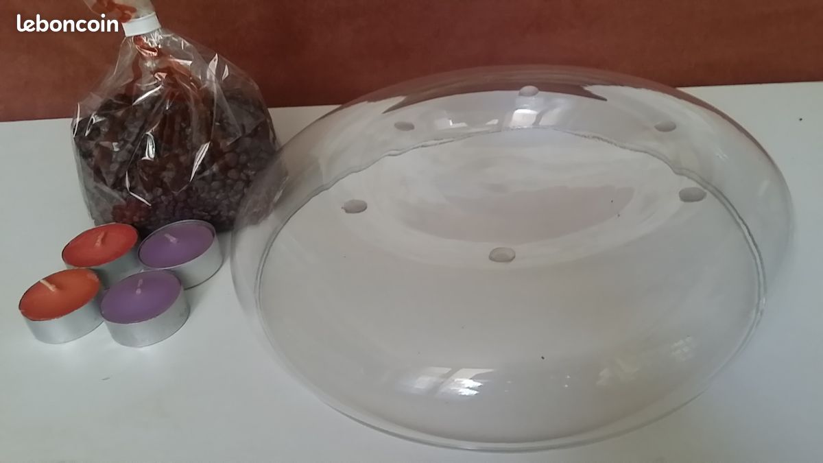 Coupe plate / plat / en verre transparent avec gravier et 4 bougies chauffe-plat (image 4)