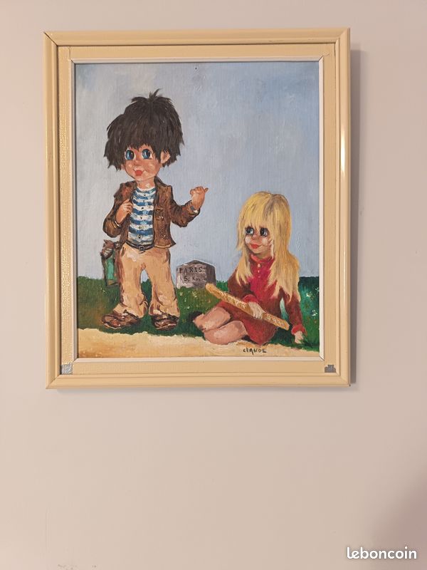 Tableau Vintage "Enfants Poulbot" – Peinture sur toile signée Claude (image 1)