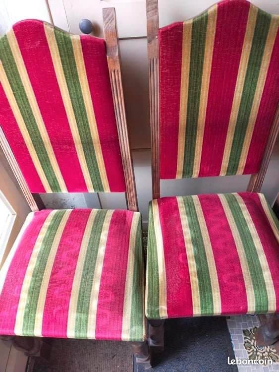 6 chaises à ressorts bois tissu rayé rouge vert (image 4)
