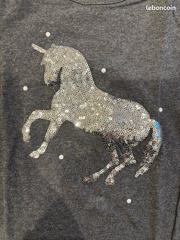 T-shirt Fille M&Co Gris 7-8 Ans Coton - Manches Longues Col Rond - Licornes