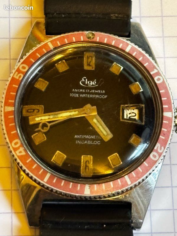 Montre Vintage Elgé - Mouvement Mécanique Manuel 17 Rubis - Bracelet Noir - Occasion