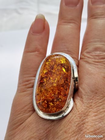 Bague Argent Massif 925 Avec Cabochon Ambre Véritable - Taille 57 - Très Bon état