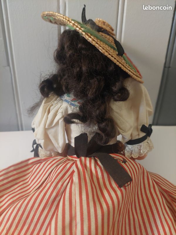 Chapeau Poupée Ancienne Paille Tressée Monaco Brodé Fleurs Années 1920