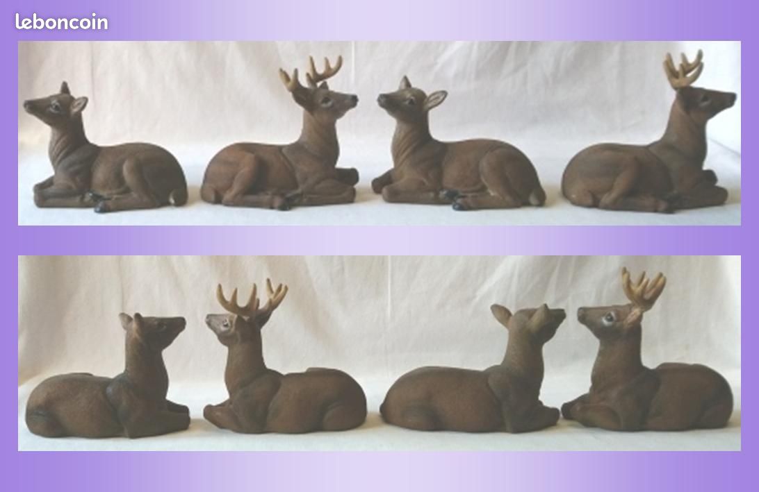 Figurines : 2 couples composés d’un cerf et d’une biche couchés (soit 4 pièces au total), en résine colorée rappelant leurs couleurs naturelles, à poser, à l’intérieur voire à l’extérieur | TBE (image 3)