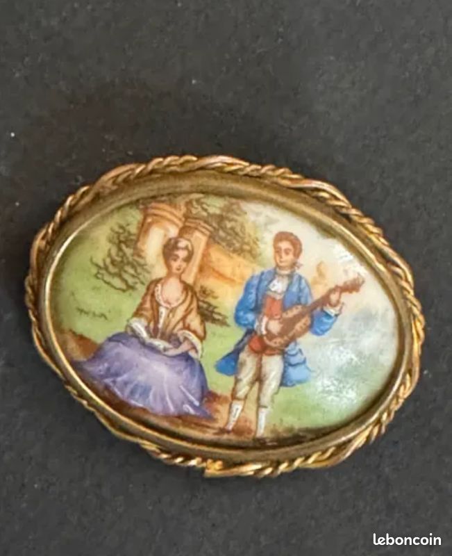 Broche Ancienne Vintage En Porcelaine De Limoges - Monture Cuivre - Occasion