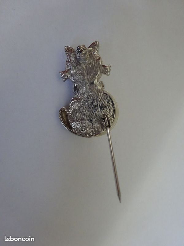 Broche Vintage Grand Chat - Couleur Or Avec Cabochon Perle Nacrée Beige - Très Bon état