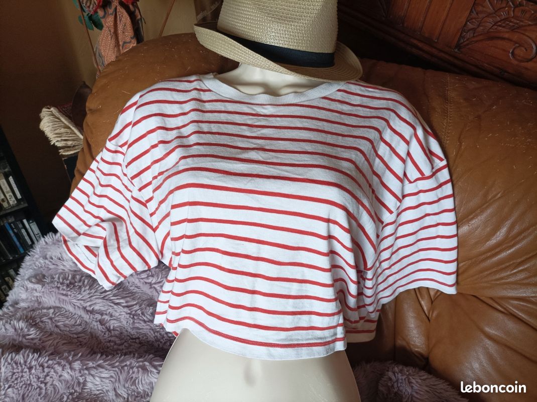T-shirt coton rayé blanc et rouge femme (image 2)