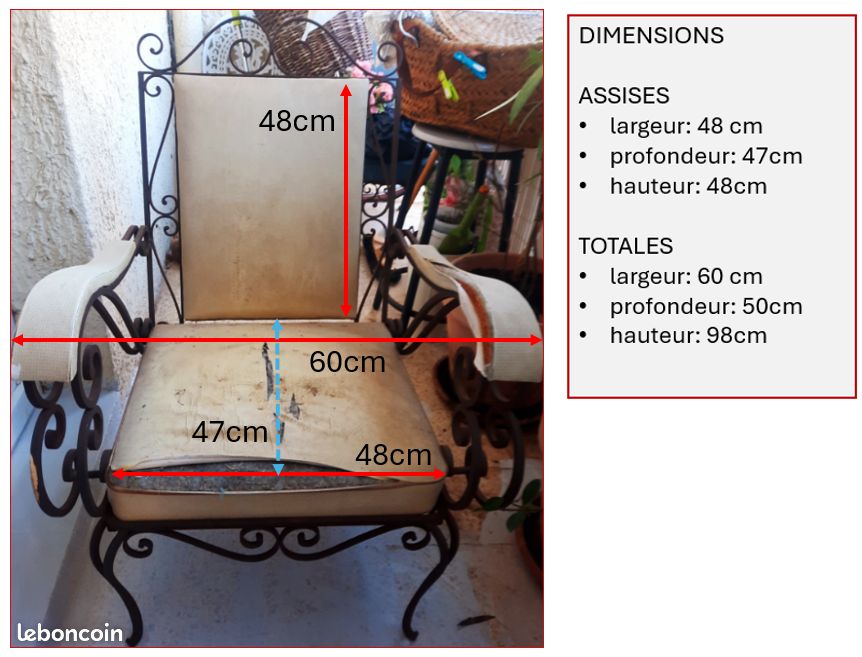 Lot de deux grands fauteuils fer forgé RETRO d'époque à RESTAURER (image 2)