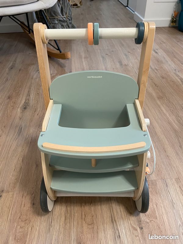 Chariot de marche poussette en bois - Vertbaudet - Bleu-vert (image 1)