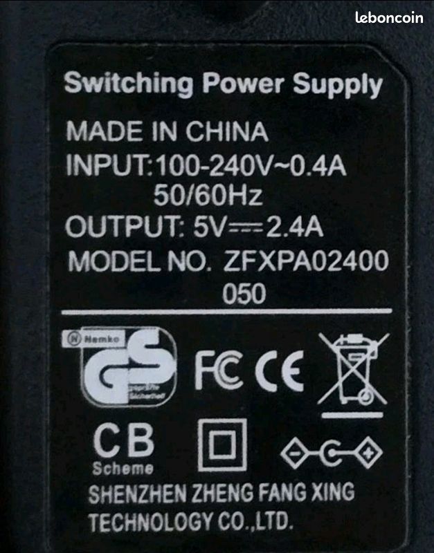 Adpatateur Chargeur Secteur 5v 2.4A Model ZFXPA02400 050 100V-240V 0.4A (image 2)