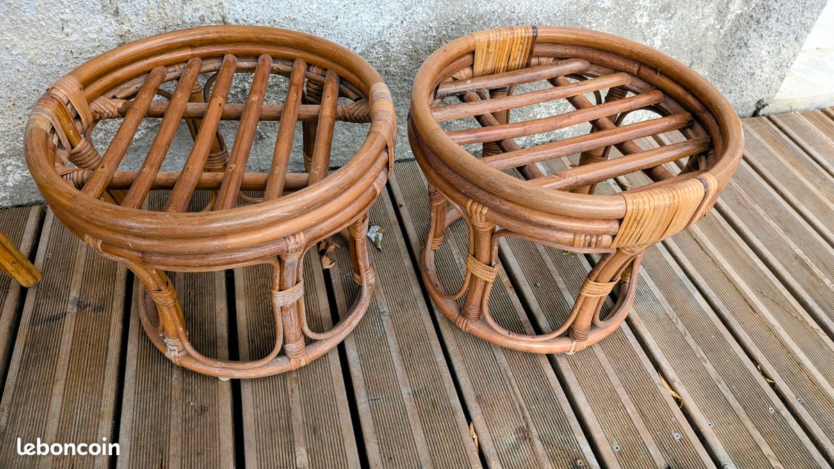 Lot 3 pièces rotin vintage, sellette + 2 tabourets (image 4)