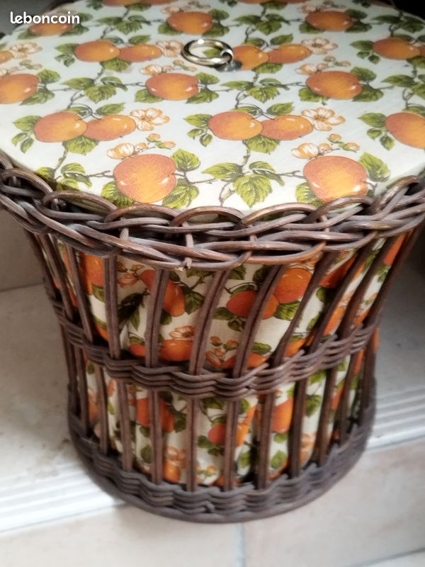 Travailleuse en rotin bambou et tissu ANNEES 70-panier ouvrage couture Vintage (image 4)