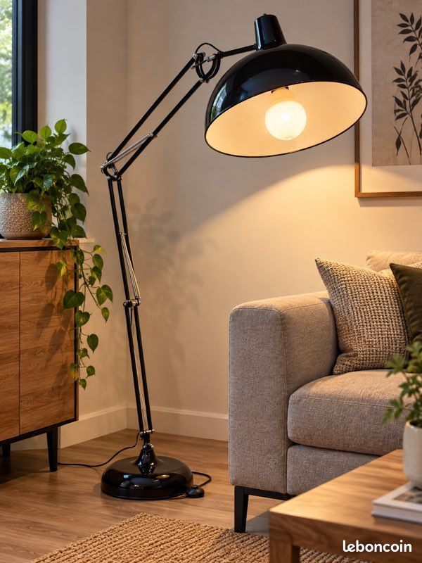 Grand lampadaire articulé noir – Style industriel / vintage (image 1)