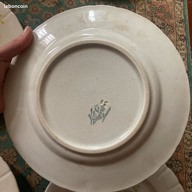 Lot grandes assiettes Luneville KG Art nouveau ancien fleur clématite jaune (image 14)