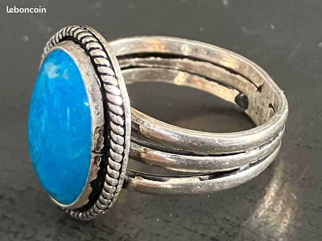 Bague Ancienne En Argent Avec Turquoise - Réf. F798 - Occasion (état Variable)