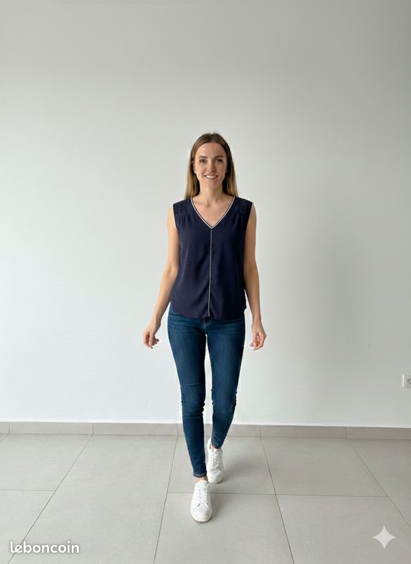 Top Manches 3/4 Motif Floral - Taille L, Vert, 65% Coton - Occasion Très Bon état