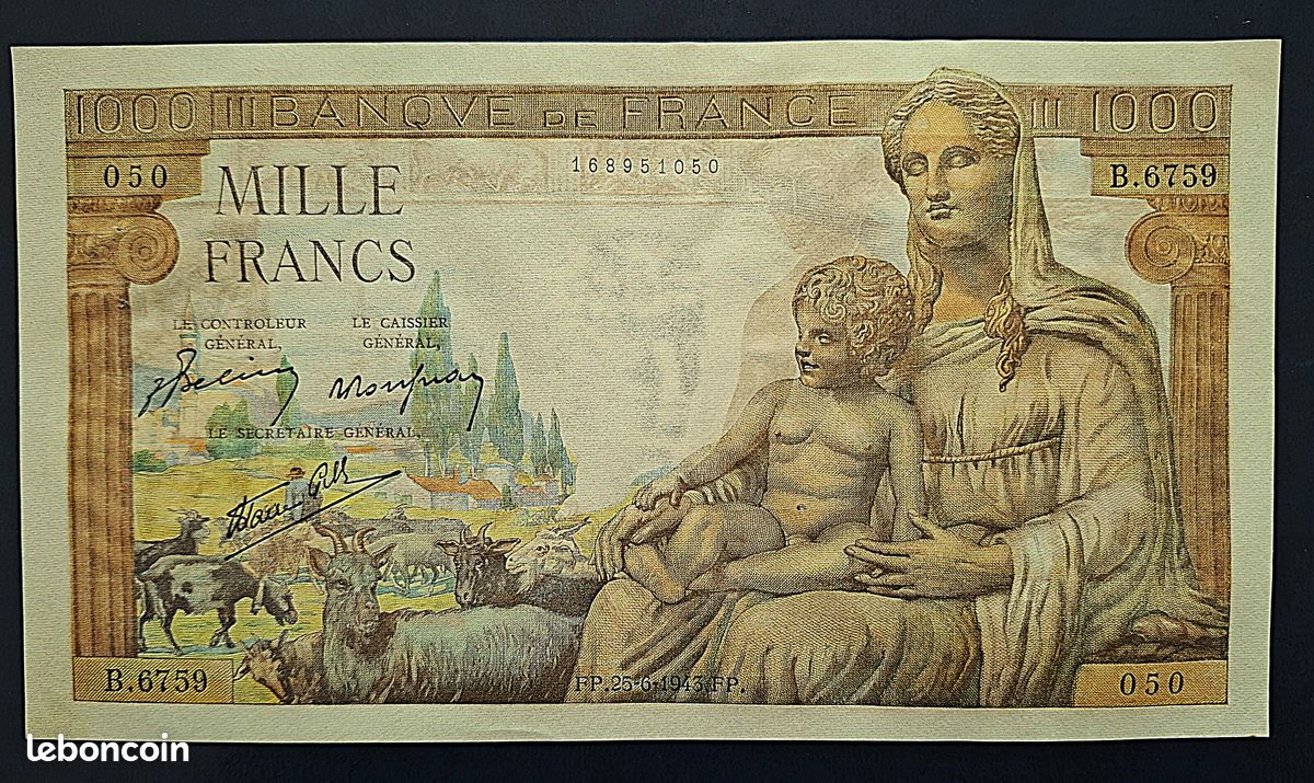 1000 Francs DÉESSE DÉMÉTER Consécutifs FRANCE 1943 F.40.15 4670408 Billets