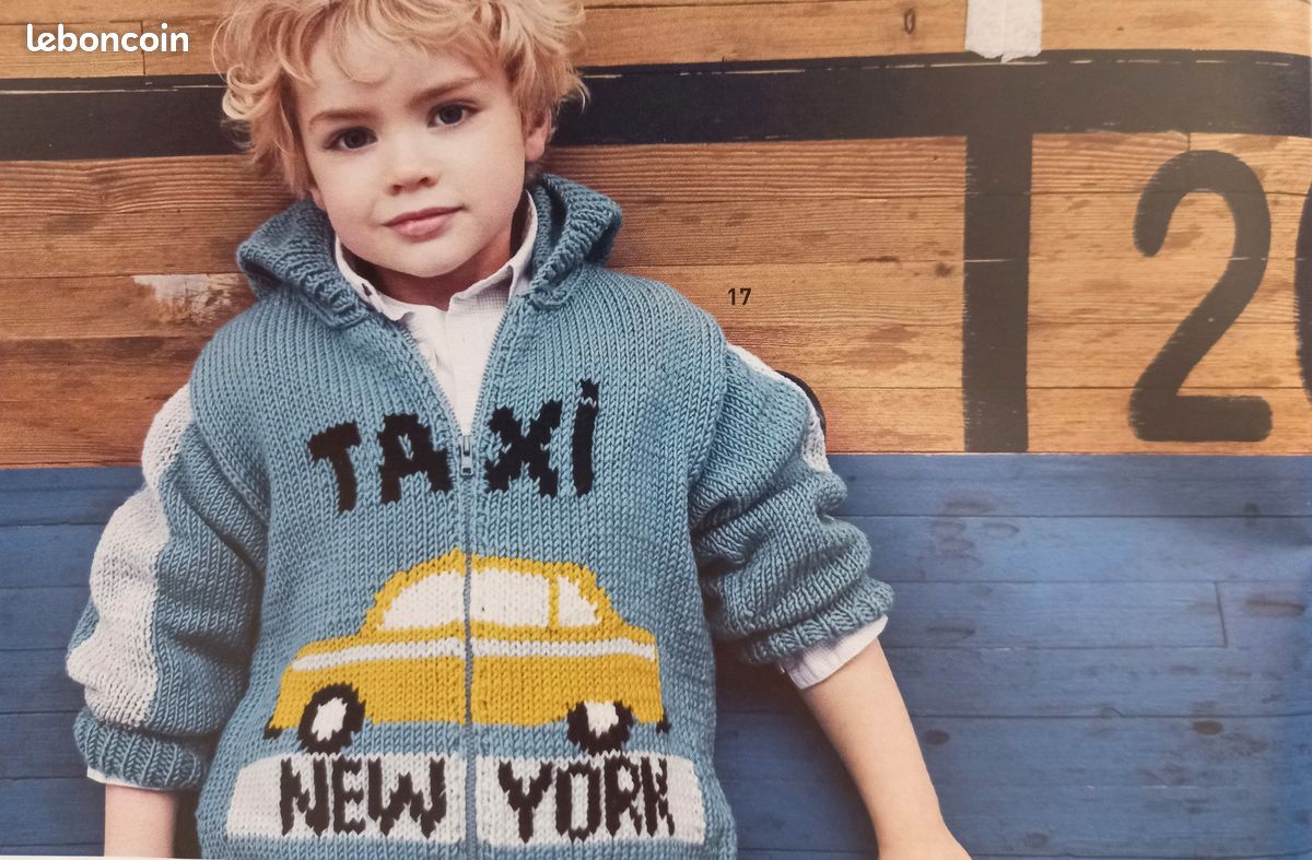 Gilet Taxi New York à capuche, TBE, Modèle Phildar, tricoté main, 100% laine, qualité Merinos 6, avec fermeture éclair, taille 6 ans (image 10)