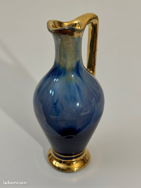 Jolie aiguière céramique Verigord vintage aux motifs flammés bleus et dorés Bergerac, 11,5 cm , excellent état (image 7)