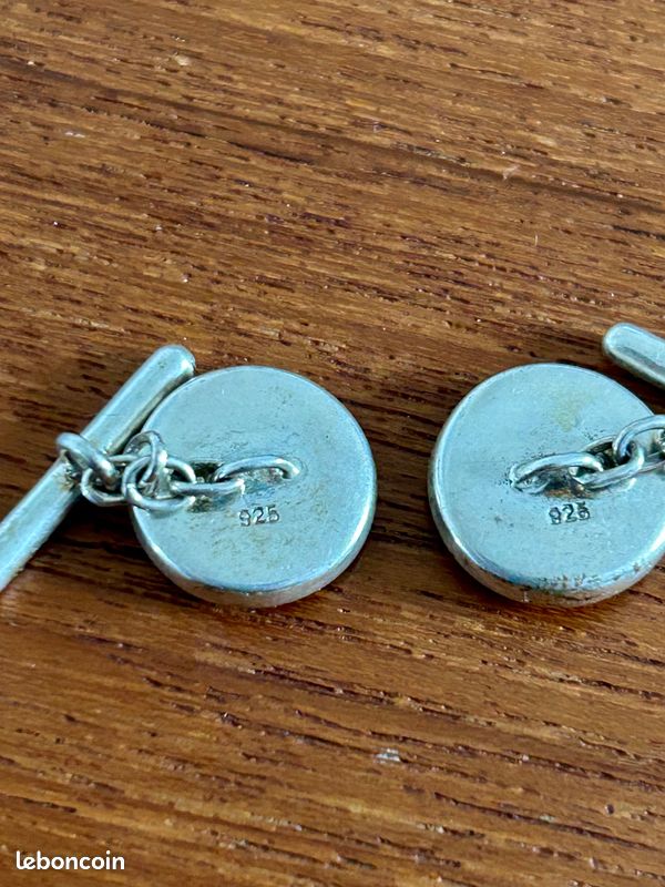 Boutons De Manchette Argent Massif - Rayures émaillées Bleues, Neufs Avec étiquettes - Élégance Pour Costume