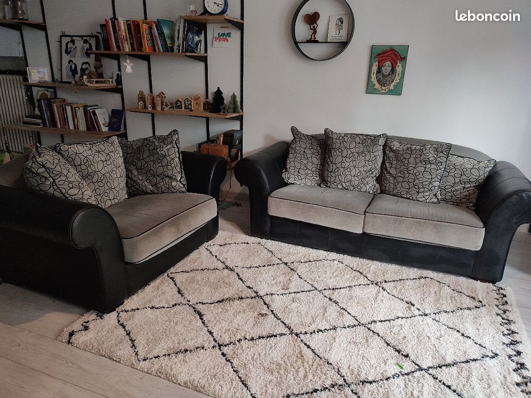 Canapé et fauteuil velours gris et noir (image 1)