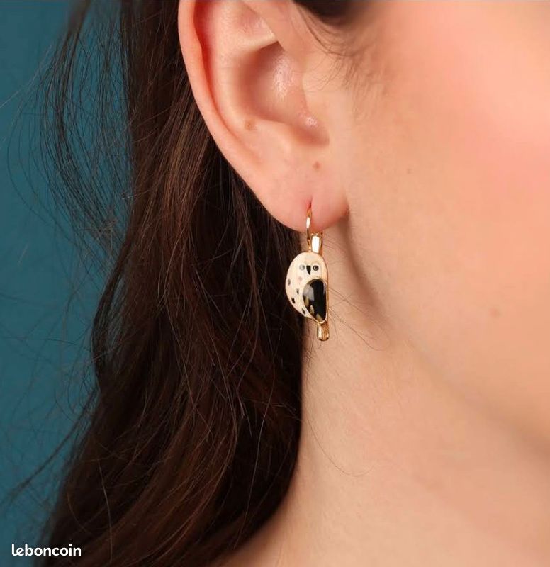 Boucles D'oreilles Or Jaune 14 Carats Avec Rubis Et Diamants - Forme Hibou/chouette - Dormeuses Pendantes - Neuf Avec étiquettes