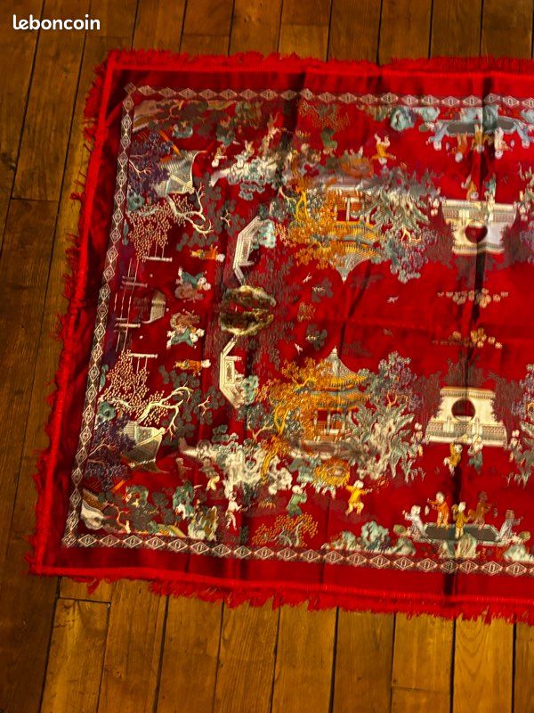 Tenture Murale Textile Chinoise En Soie - Motif Floral - 103x66cm (Vintage)