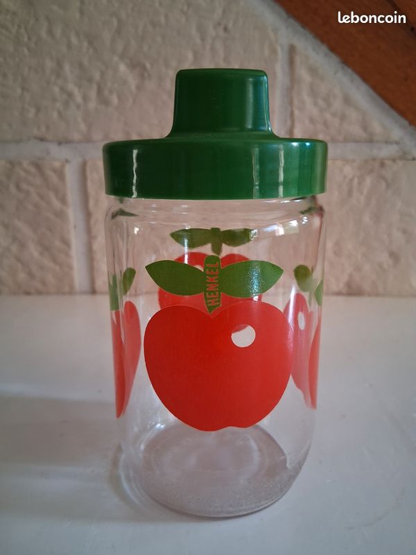 Bocal En Verre Vintage Henkel - Motif Pommes Rouges, Couvercle Vert, 14 Cm