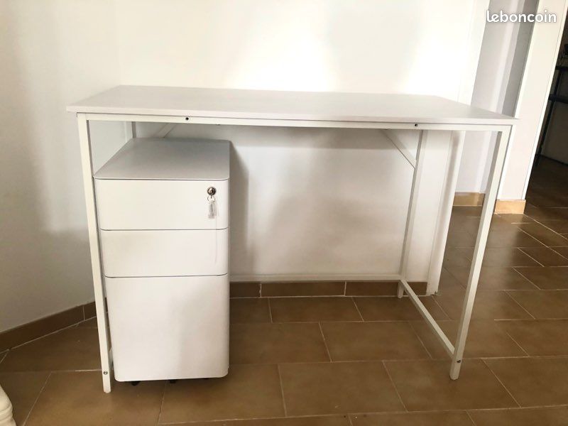 Ensemble neuf de bureau et caisson en bois et métal blancs (image 3)