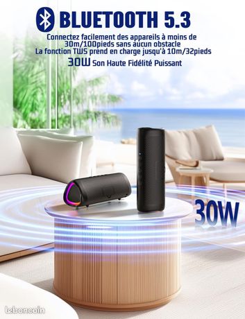 Enceinte Bluetooth Portable Taopodo 30W - Son 360° Bass Puissantes, IP7 Étanche, 30H Autonomie