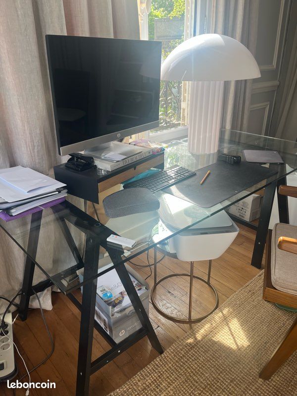 Bureau en verre 180 x 80 cm – plateau Habitat + pieds IKEA – très bon état (image 1)