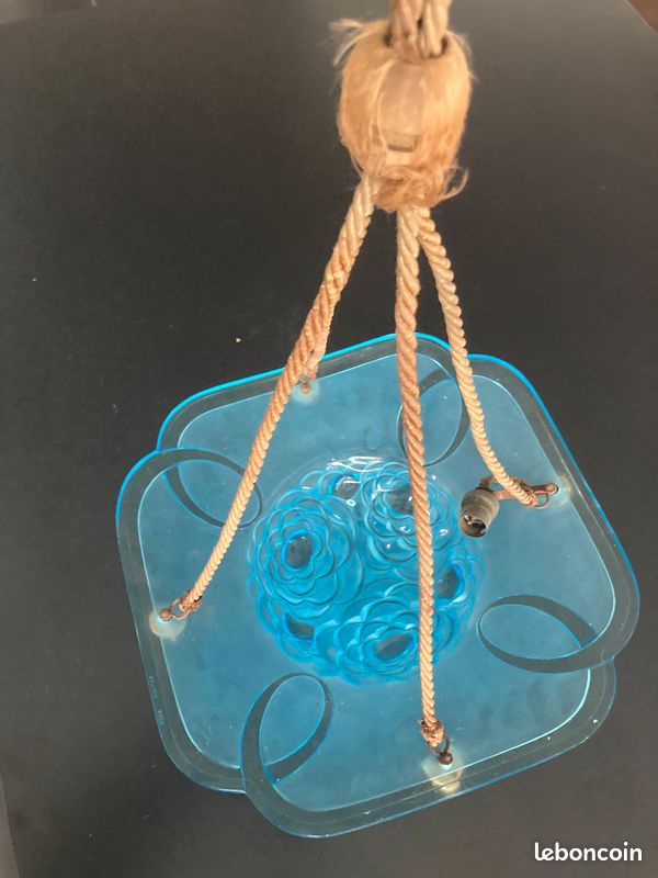 Vends luminaire ancien lustre art déco en verre dépoli bleu signé Degué (image 9)