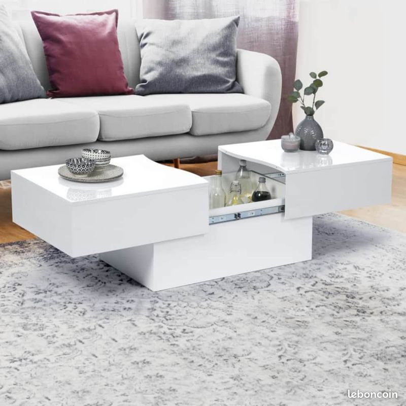 Table Basse Design Blanc Laqué – Plateau Coulissant avec Grand Coffre de Rangement – 120-171 cm (image 4)