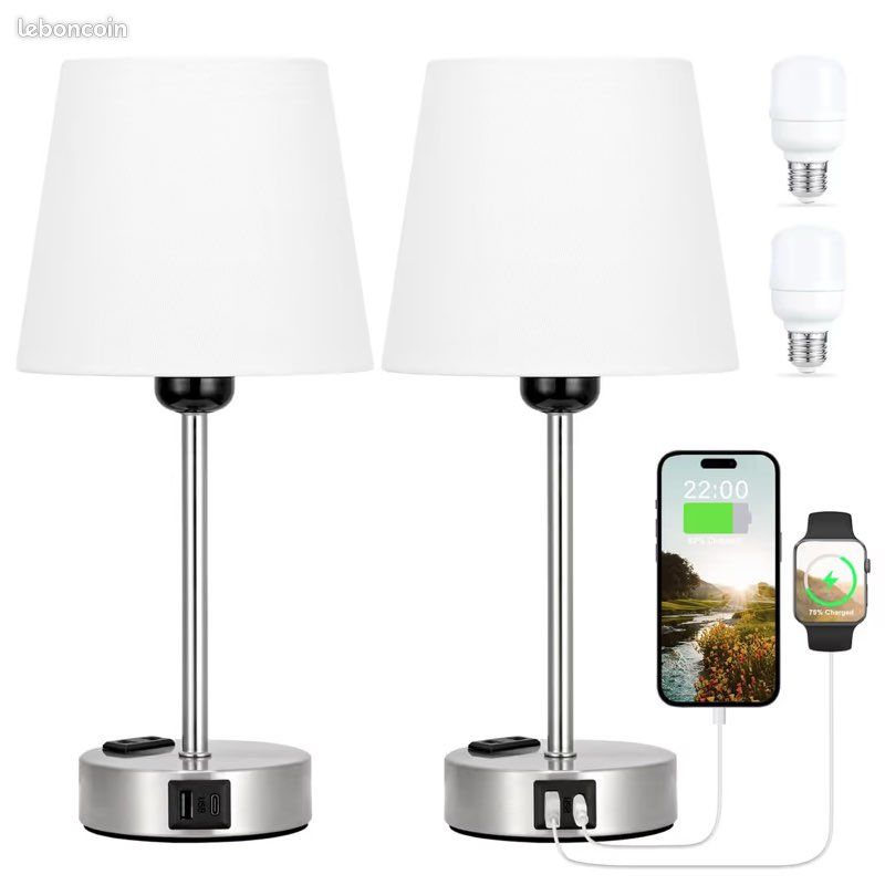 Lampes de chevet tactiles dimmables 3 niveaux avec ports USB-A+C & 2 prises – Blanc lot de 2 (image 1)