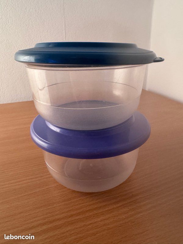 Lot De 4 Boîtes Tupperware Rondes Avec Couvercles - Transparent Bleu, Occasion TBE