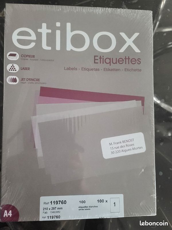 Étiquettes Blanches Adhésives ETIBOX Réf 119760 - Format A4 Entier (210 x 297 mm) (image 1)