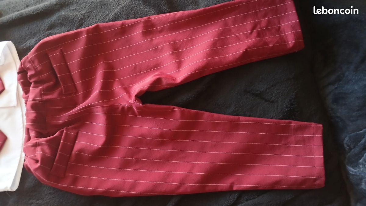 Costume cérémonie bébé 18-24 mois, bordeau a rayures, 4 pieces avec gilet, chemise, pantalon, nœud papillon (image 7)
