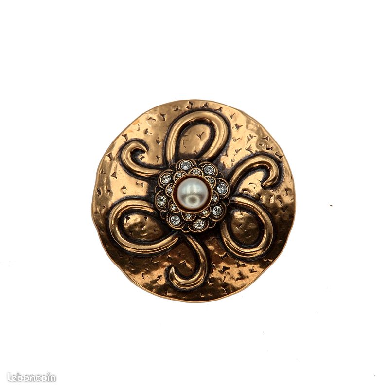 Broche Vintage Laiton Doré Avec Cabochons Verre Et Strass - Occasion