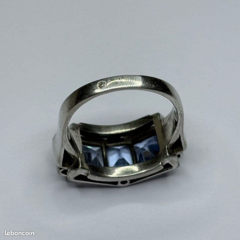 Alliance Ancienne En Argent - Pierres Bleues - Vintage - Bon état Avec Usures