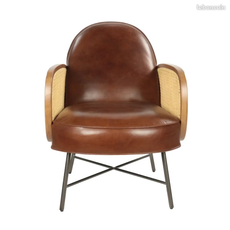 Fauteuil Club Design en cuir Marron et Côté en Cannage - Decoduweb (image 3)