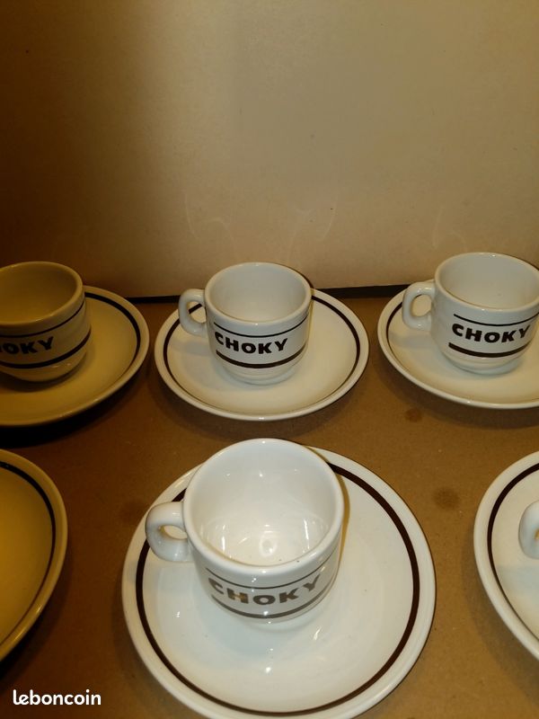 Service à Chocolat Vintage Choky : 6 Tasses Et Soucoupes En Céramique, Bon état
