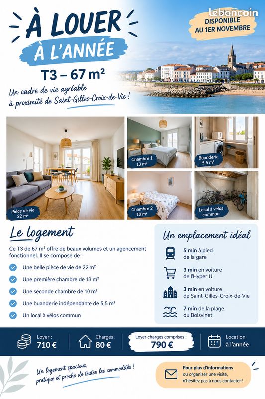 Appartement 3 pièces 67 m² · à Saint-Hilaire-de-Riez · 67 m² · 790 €/mois