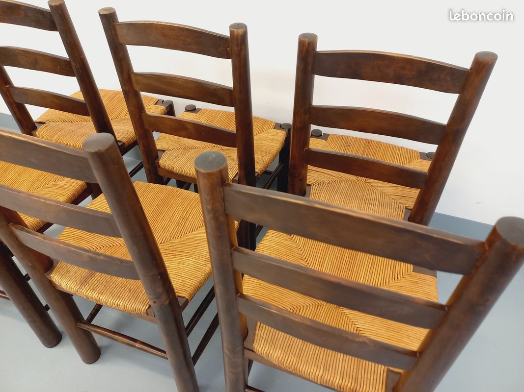 Suite de 6 chaises brutalistes vintage Georges Robert en bois et paille des années 50 60 (image 10)