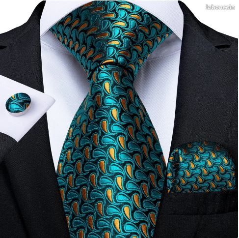 Cravate de luxe de couleur vert acier, motif design, géométrique, en soie pour homme, boutons de manchettes et pochette carrée assortis, coordonnés et offerts (image 1)
