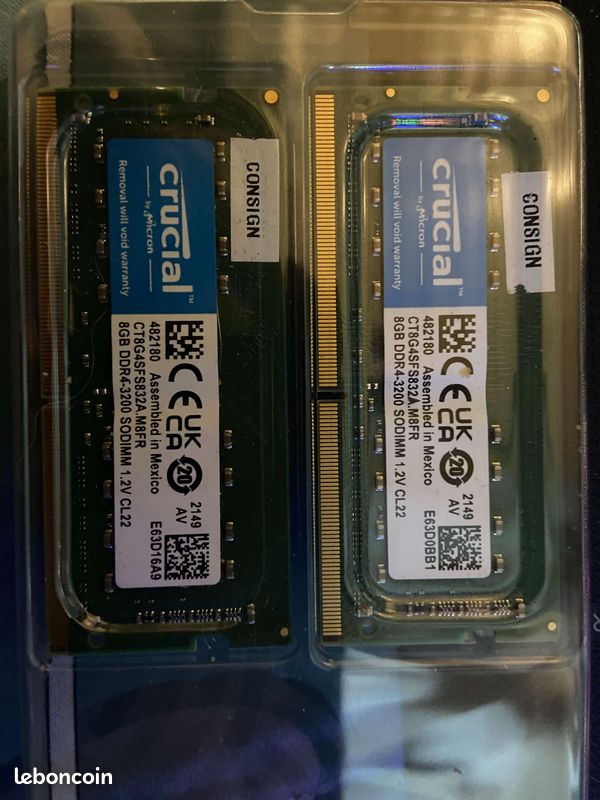 Lot De 2 Barrettes Mémoire RAM Crucial 16 Go (2x16 Go) - DDR4 SODIMM - Occasion