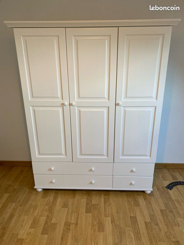 Armoire penderie-lingère Harold pin massif blanc 3 portes + tiroirs - Très bon état (image 1)