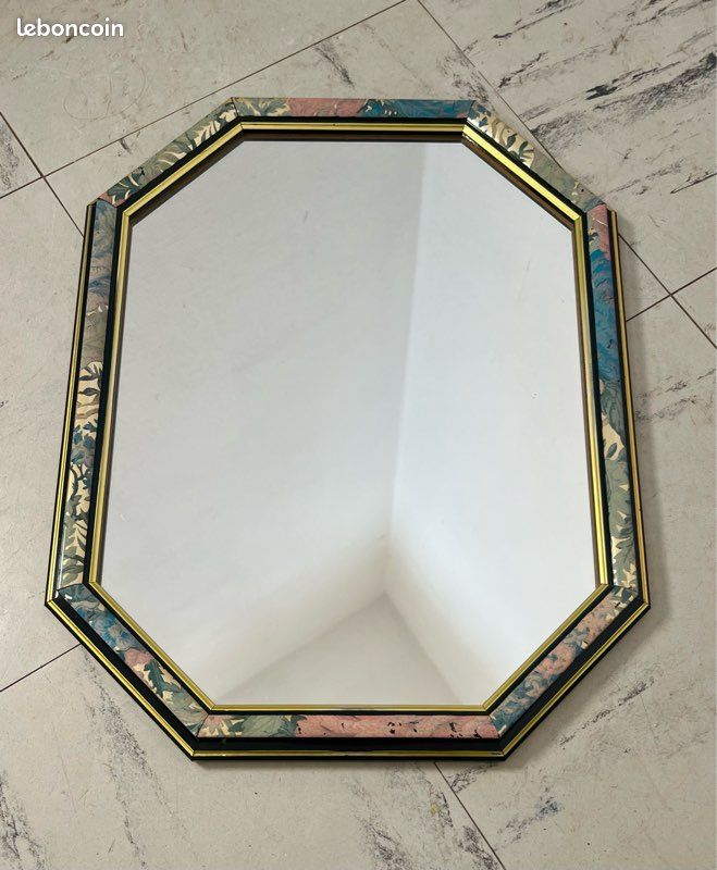 Miroir octogonal au joli décor fleuri + liseré doré, en bois, vintage et tendance (image 8)